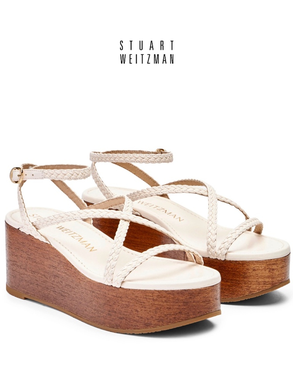 STUART WEITZMAN NIB WOVETTE SEASHELL WALLNUT WOOD WEDGE SANDAL. SIZE 9 B